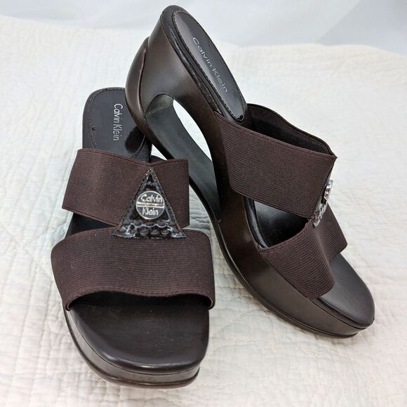 Vintage 1990s y2k Calvin Klein Leather Sandals Brown Logo Wedge Size 7 - Picture 11 of 12